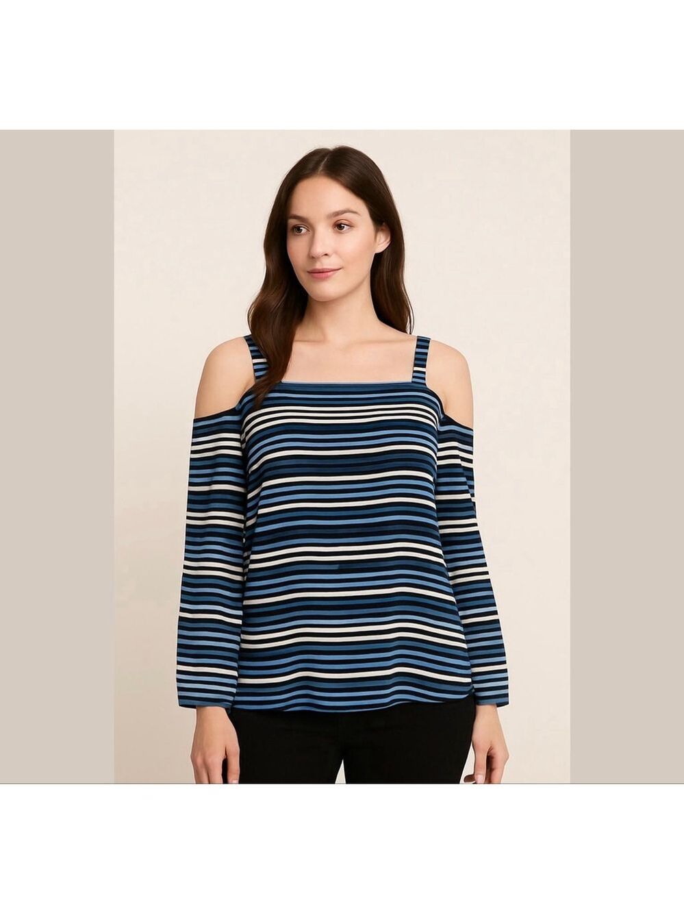 Ann Taylor LOFT Women Blue Striped Long Sleeve Blouse Cold shoulders Sz M